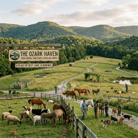 The Ozark Haven farm animal sanctuary with people, horses, goats, sheep, and a dog in a fenced green pasture