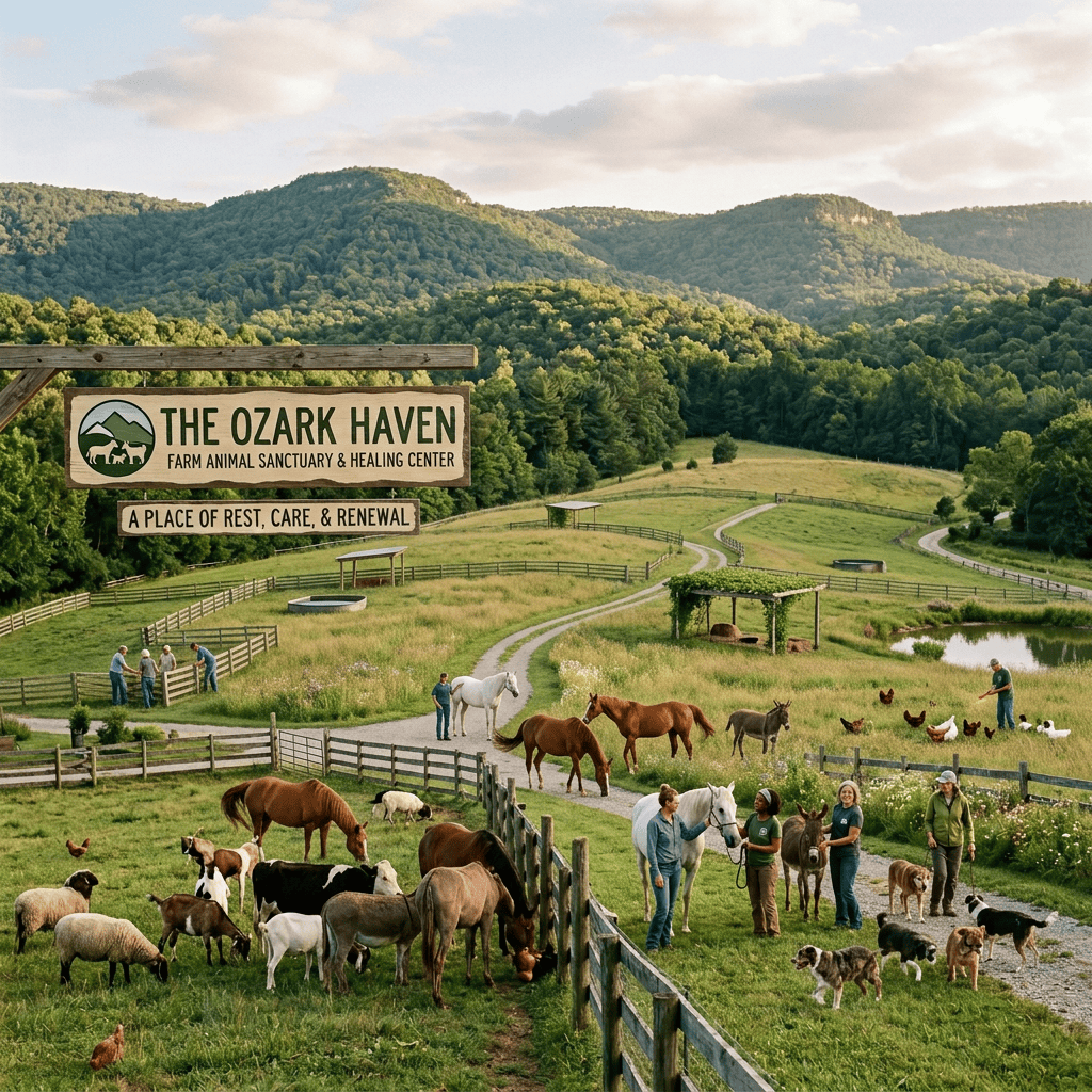 Farm animal sanctuary with people, horses and goats