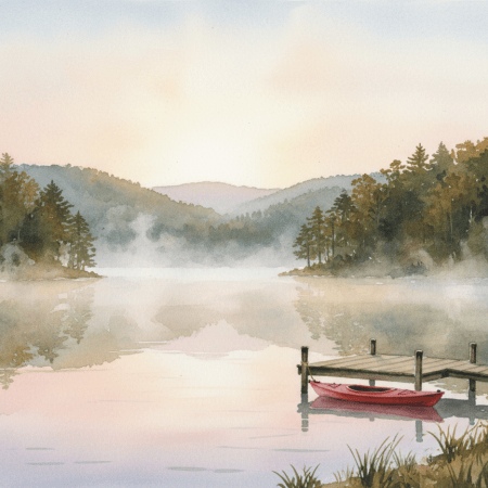 Illustration of a misty lake at sunrise with a small dock and kayak, surrounded by wooded hills.
