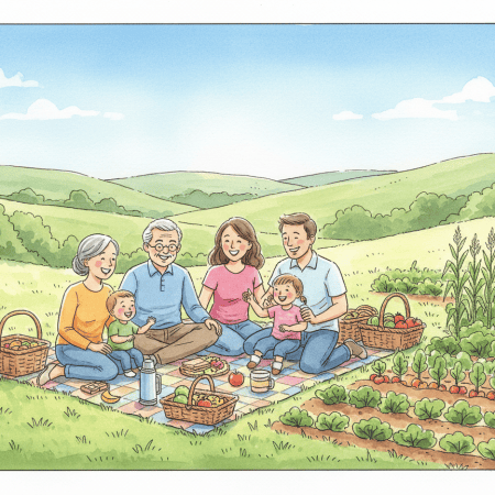 Illustration of grandparents, parents and children having a picnic beside a vegetable garden with green hills behind.
