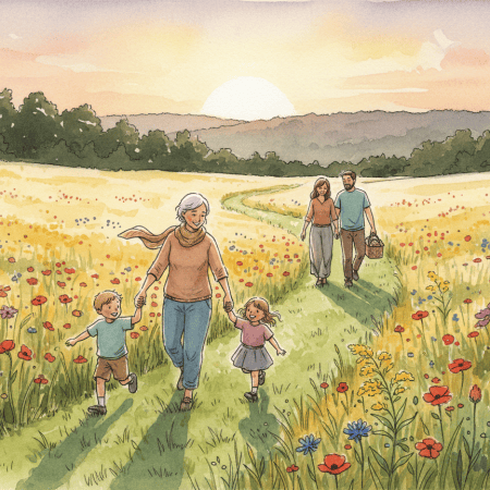 Illustration of grandparents, parents and children walking a meadow path toward wooded hills at dusk.