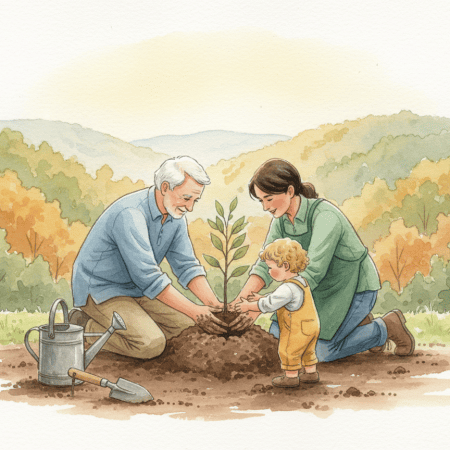 Illustration of a grandparent, parent and child planting a young tree together outdoors.