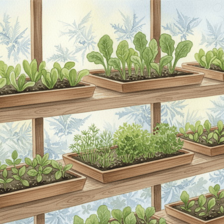 Illustration of seedlings and winter greens on shelves, with frost on the clear panels behind.