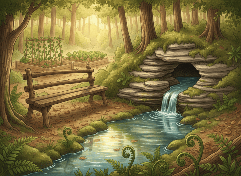 Illustration of a wooden bench beside a small cave spring in the woods
