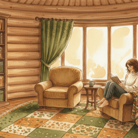 Watercolor of a quiet, cozy log house room with rugs, curtains, a full bookshelf and a woman reading