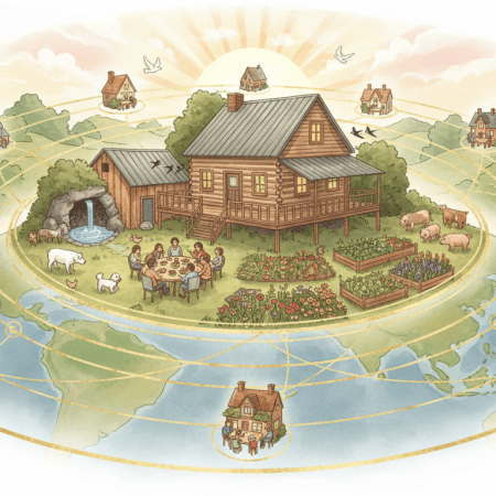 Illustration of a log house in green hills with gardens and rescued animals, with golden circles of light spreading outward across a globe to small glowing homes around the world, all connected by threads of light.