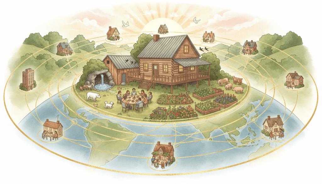 Illustration of a log house in green hills with gardens and rescued animals, with golden circles of light spreading outward across a globe to small glowing homes around the world, all connected by threads of light.