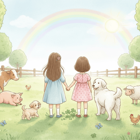 Storybook illustration of two little girls of similar height seen from behind, holding hands in a sunny meadow with a small Maltipoo, a big white fluffy dog, a cow, pig, sheep, goat and chickens