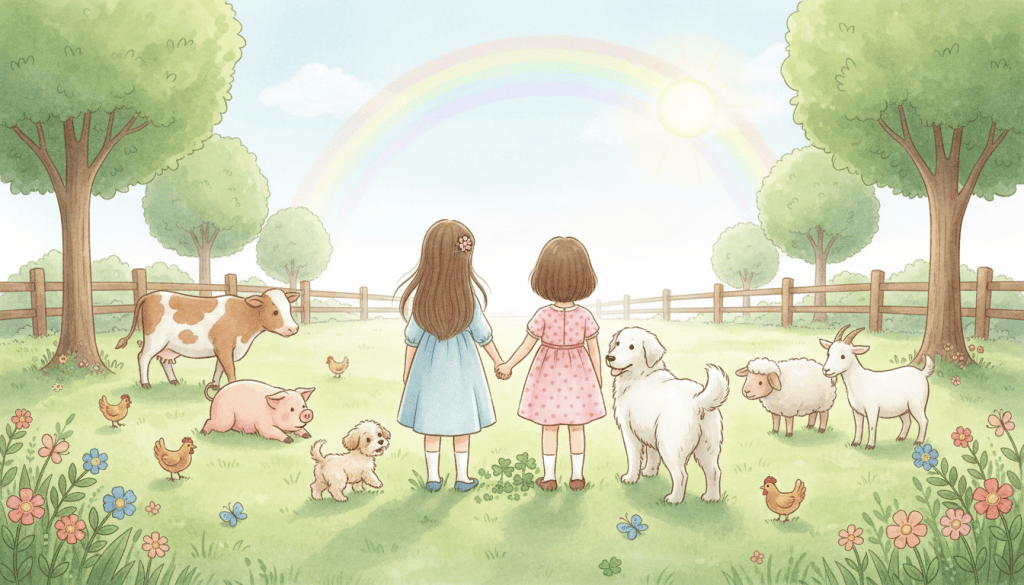 Storybook illustration of two little girls of similar height seen from behind, holding hands in a sunny meadow with a small Maltipoo, a big white fluffy dog, a cow, pig, sheep, goat and chickens