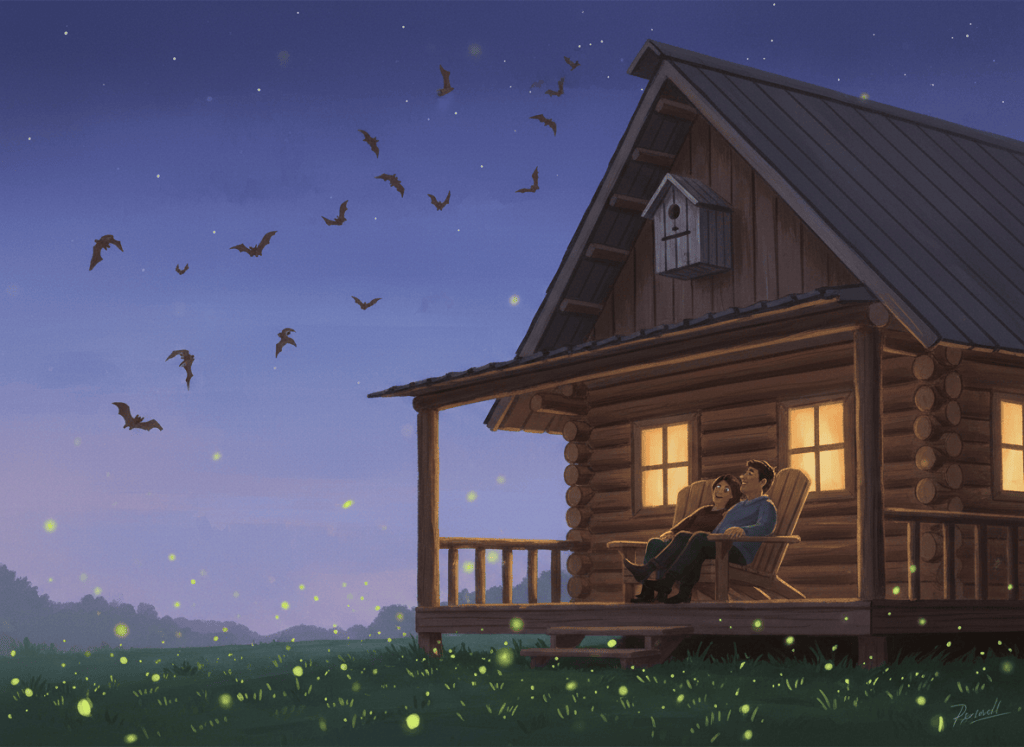 Illustration of bats swooping at twilight above a log house deck