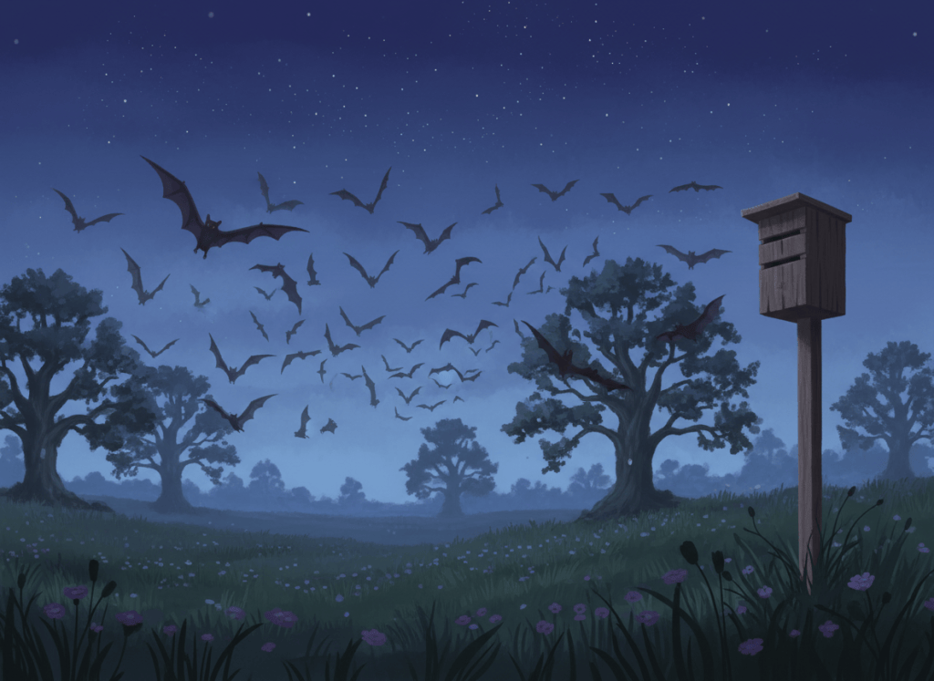 Illustration of bats flying at twilight over a meadow and trees, with a bat box on a post.