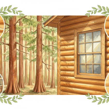 Watercolor of tall cypress trees beside the warm honey-colored log siding of a house, surrounded by small round scenes of caulking a seam, brushing on stain, spare siding boards stacked under stairs, and water beading on freshly stained wood