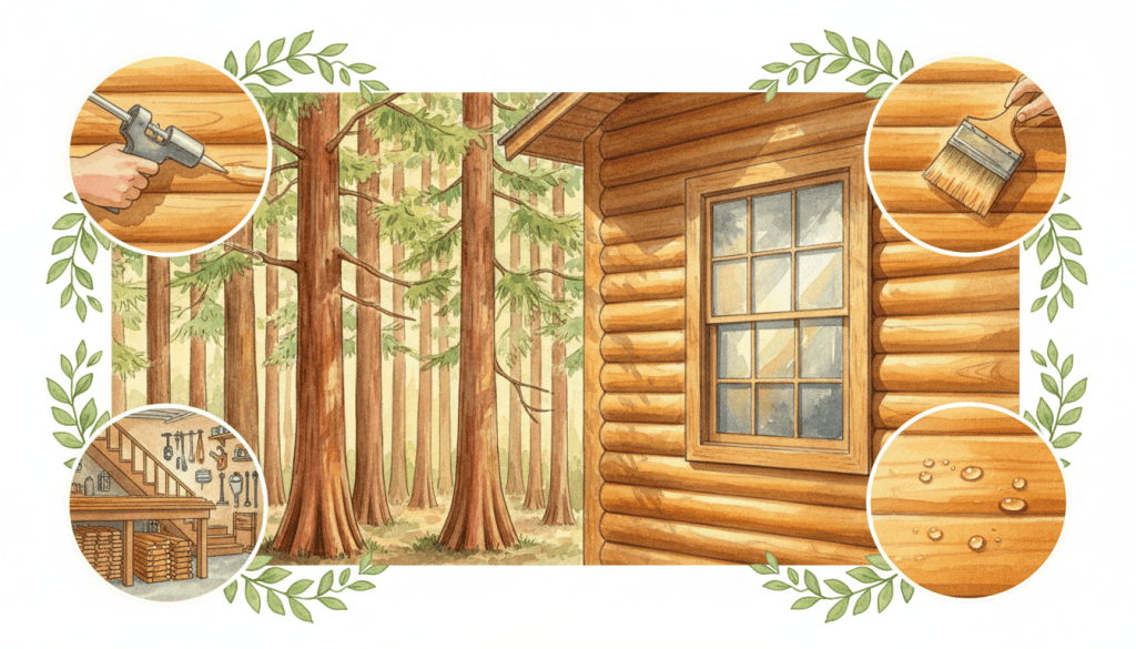 Watercolor of tall cypress trees beside the honey-colored log siding of a house, surrounded by small round scenes of caulking a seam, brushing on stain, spare siding boards stacked under stairs, and water beading on freshly stained wood