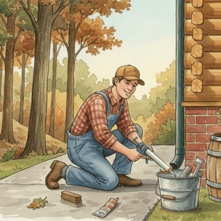 Watercolor of a handyman in overalls kneeling on a concrete slab, sealing the joint between the slab and the brick foundation of a cedar log house, with a rain barrel at the downspout and a wooded hillside behind