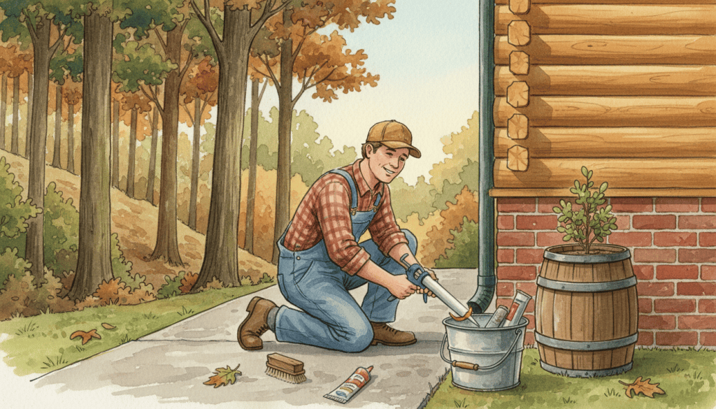 Watercolor of a handyman in overalls kneeling on a concrete slab, sealing the joint between the slab and the brick foundation of a cedar log house, with a rain barrel at the downspout and a wooded hillside behind