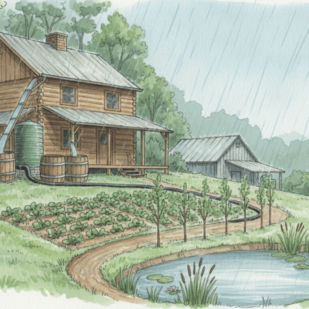 Watercolor of rain falling on a log house in the Ozark hills, water running from gutters into rain barrels and a pipe leading down to a garden and a pond