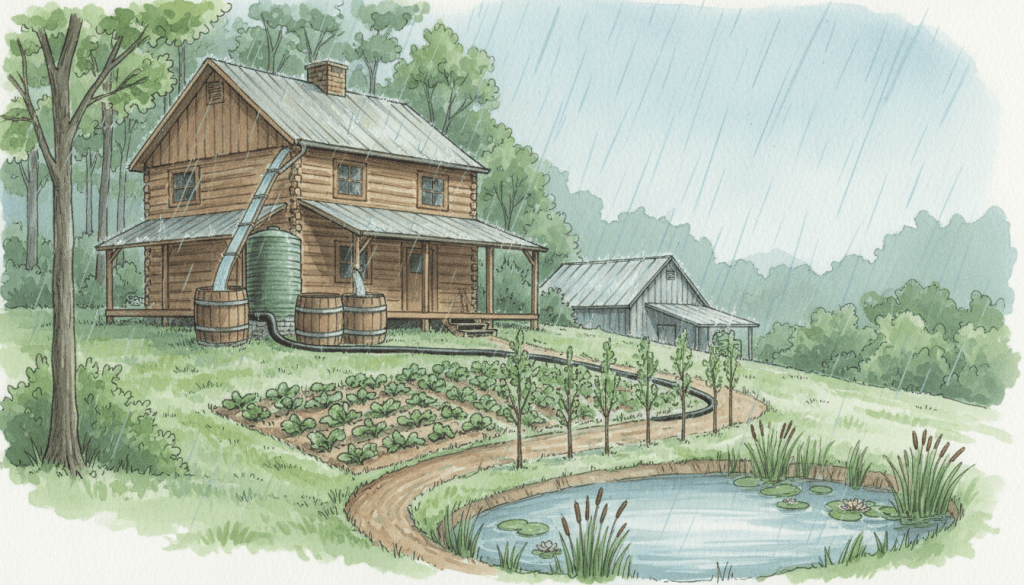 Watercolor of rain falling on a log house in the Ozark hills, water running from gutters into rain barrels and a pipe leading down to a garden and a pond