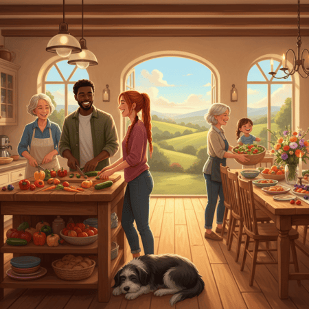 Painted illustration of a varied household laughing and cooking plant-based food together in a sunny country kitchen, with a dog napping on the floor and a dining table set with flowers and colorful dishes