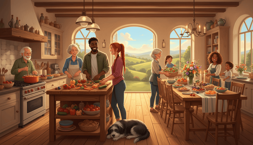 Painted illustration of a varied household laughing and cooking plant-based food together in a sunny country kitchen, with a dog napping on the floor and a dining table set with flowers and colorful dishes