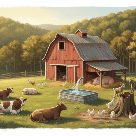 Illustration of rescued cows, goats, a pig and hens resting peacefully in a green pasture beside an animal shelter