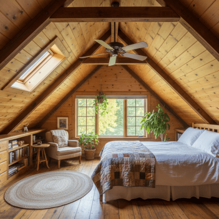 A cozy finished attic bedroom with a sloped pine ceiling, a gable window and skylight, built-in drawers under the eaves, a quilted bed, and plants