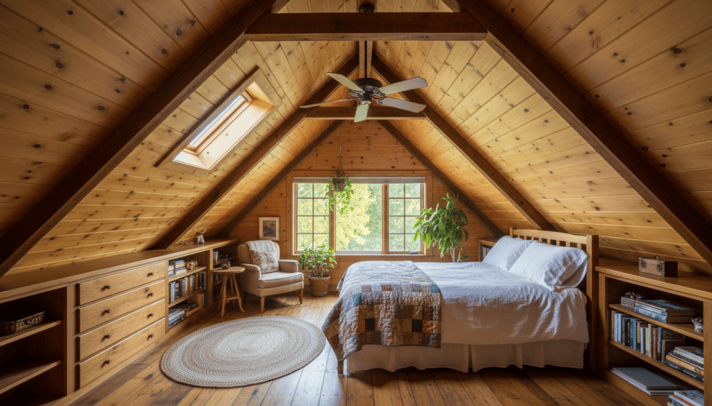 A cozy finished attic bedroom with a sloped pine ceiling, a gable window and skylight, built-in drawers under the eaves, a quilted bed, and plants