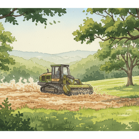 Watercolor of a forestry mulcher clearing cedar brush on an Ozark hillside, leaving wood chips and an opening pasture