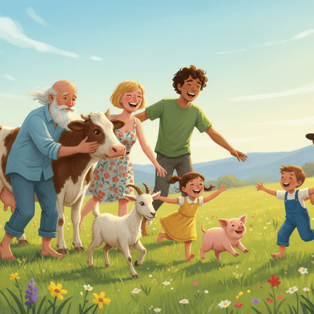 Painted illustration of a sunny Ozark meadow where an older man hugs a cow, a young couple laughs with a goat, children run with a piglet, a teen pets a lamb, chickens wander and a golden retriever trots along