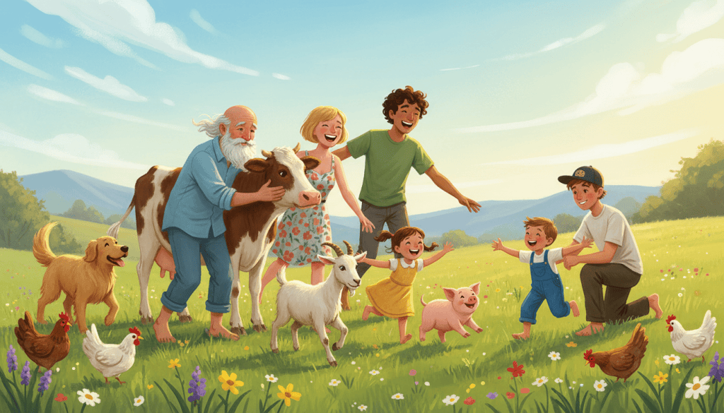 Painted illustration of a sunny Ozark meadow where an older man hugs a cow, a young couple laughs with a goat, children run with a piglet, a teen pets a lamb, chickens wander and a golden retriever trots along