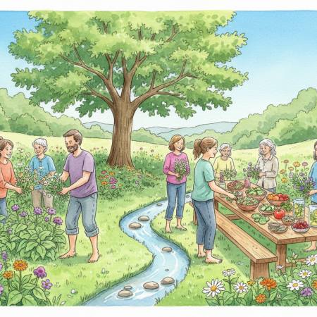 Sunny watercolor of people laughing barefoot in a meadow garden, harvesting medicinal herbs beside a table of fresh food under a shade tree