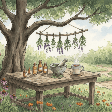 Illustration of drying herbs, tincture bottles and herbal tea on a wooden table in an herb garden.