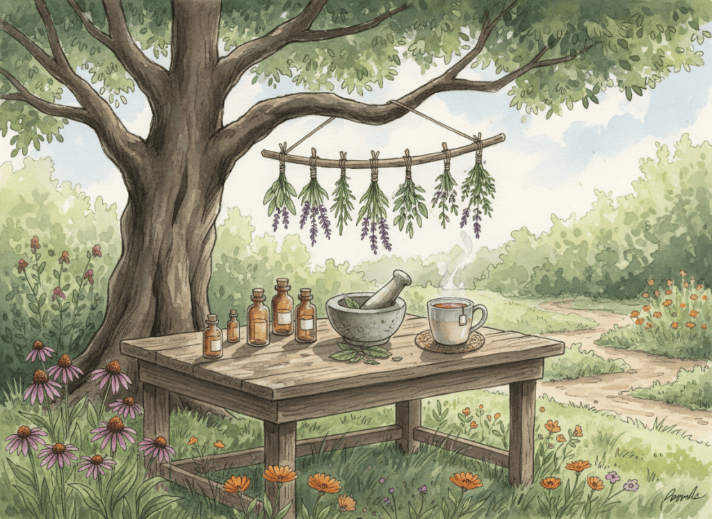 Illustration of drying herbs, tincture bottles and herbal tea on a wooden table in an herb garden.
