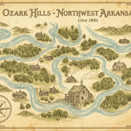 Antique hand-drawn map style illustration of the Ozark hills of northwest Arkansas: winding rivers, tiny drawn log cabins, a gristmill, forests, little hills drawn as bumps, a compass rose, aged parchment paper with tea stains, ink and watercolor.