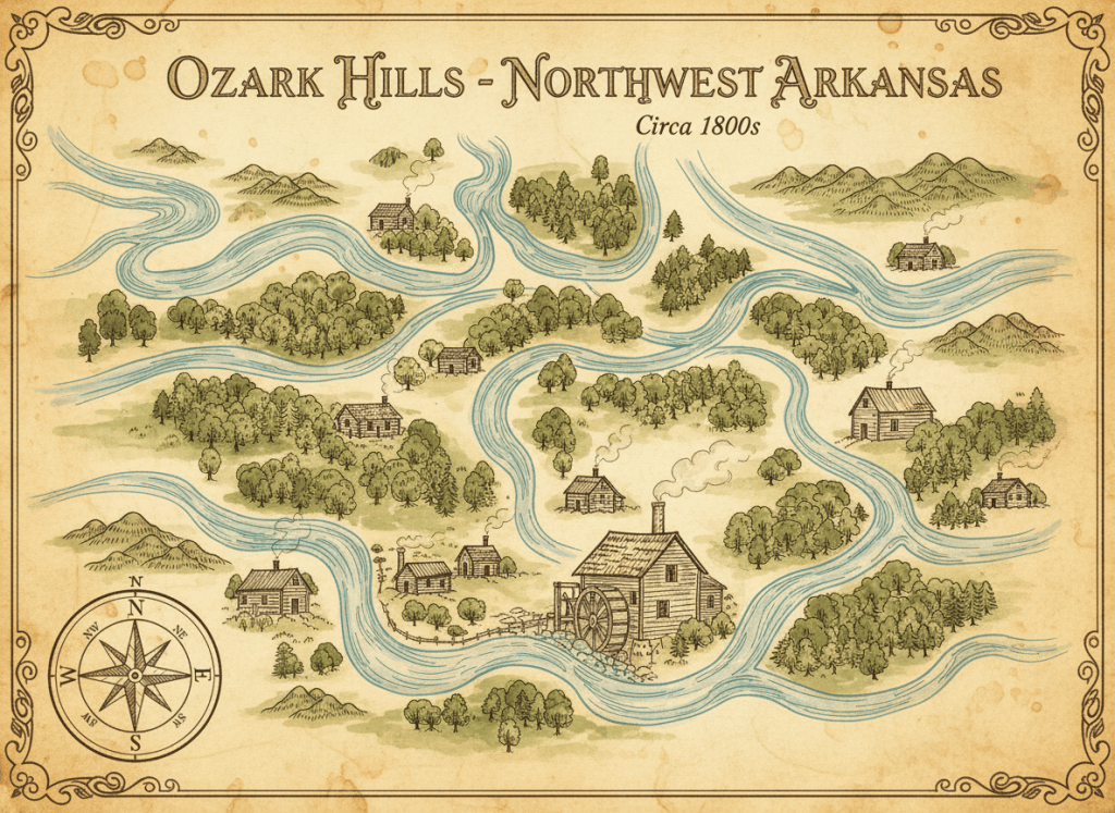 Antique-map style illustration of the Ozark hills with rivers, cabins and a gristmill