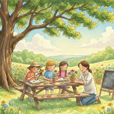 Watercolor of children homeschooling outdoors at a picnic table under an oak tree, studying a butterfly and plants with a parent