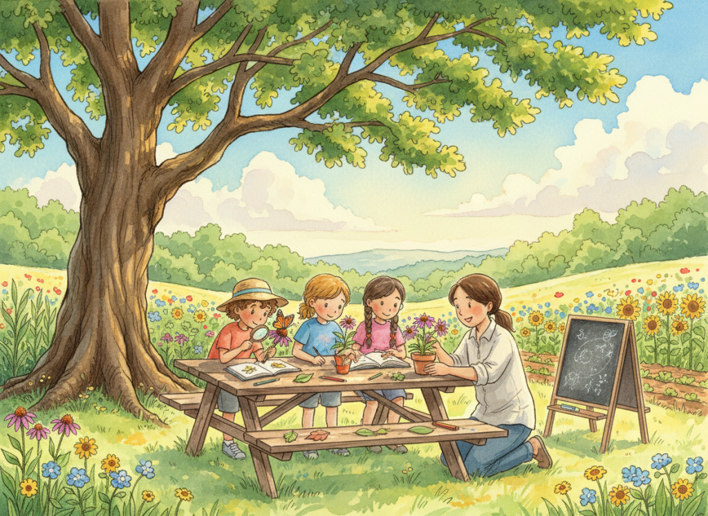 Watercolor of children homeschooling outdoors at a picnic table under an oak tree, studying a butterfly and plants with a parent
