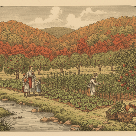 Storybook-style illustration of Ozark homesteaders tending a vegetable garden and young orchard beside a creek, with autumn hills behind.