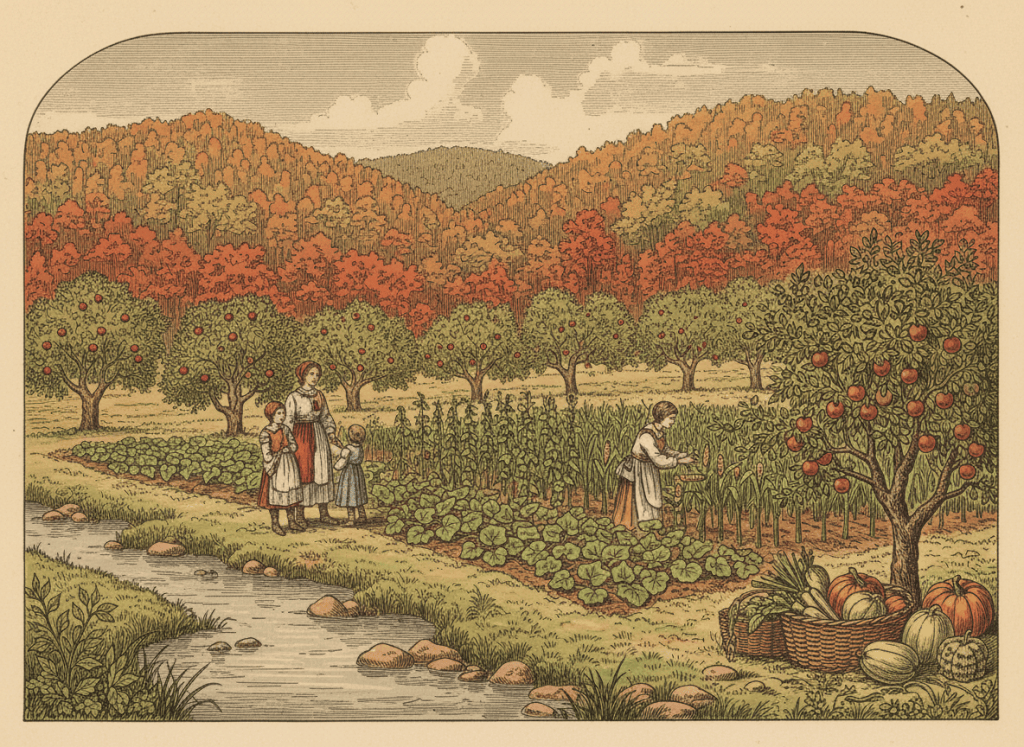 Storybook-style illustration of Ozark homesteaders tending a vegetable garden and young orchard beside a creek, with autumn hills behind.