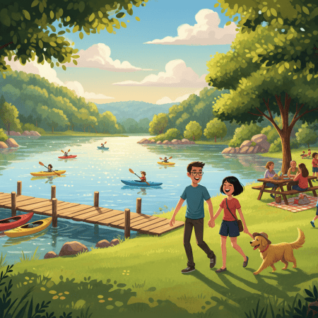 Painted illustration of a sunny lakeside park in the Ozark hills with a small dock and kayaks, families picnicking, and a young couple walking with their daughter and a golden retriever