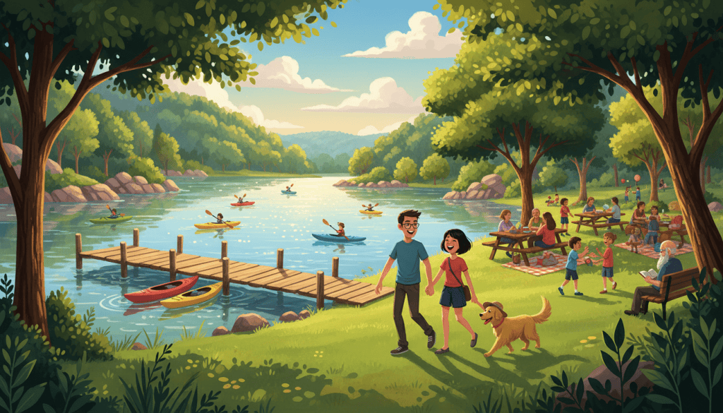 Painted illustration of a sunny lakeside park in the Ozark hills with a small dock and kayaks, families picnicking, and a young couple walking with their daughter and a golden retriever