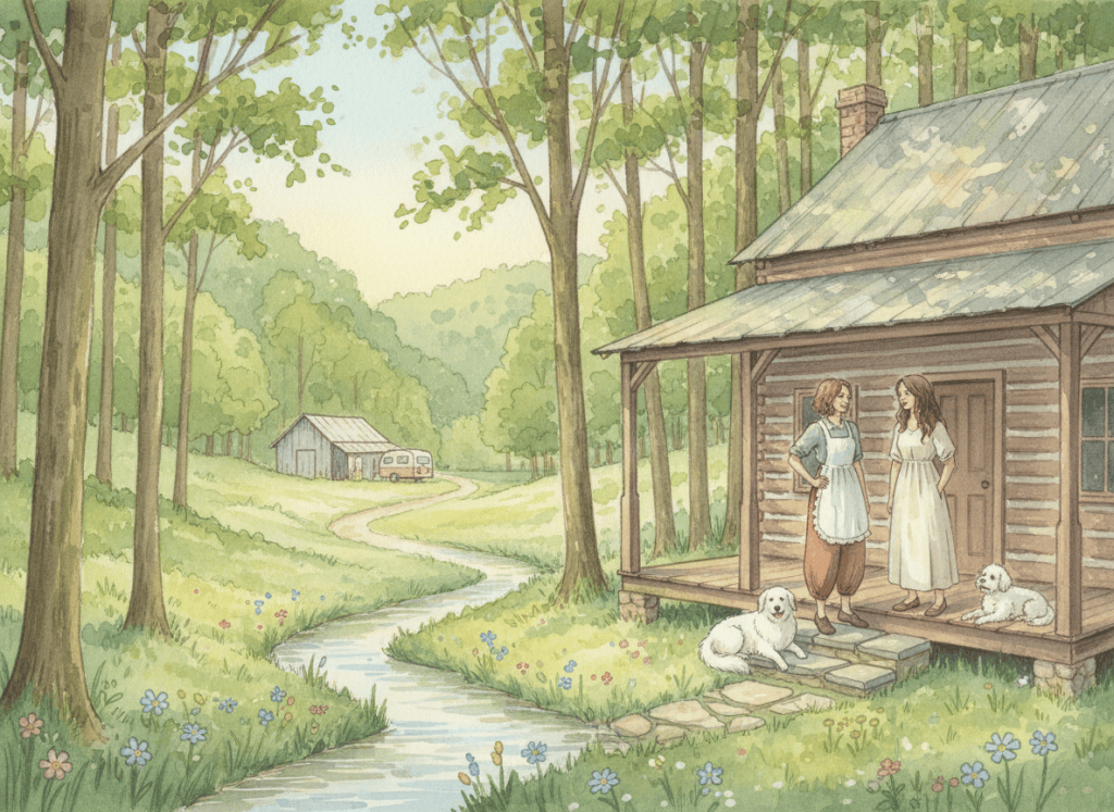 Watercolor of the Living Springs Log House among Ozark hills, with Patricia and Barbara on the porch and their two dogs on the steps