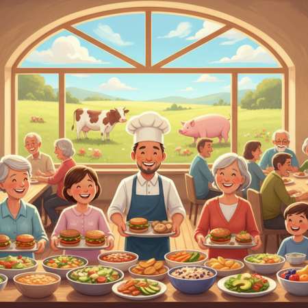 People of all ages happily choosing colorful plant-based meals in a sunny community cafeteria, with a cow and pig grazing outside the window