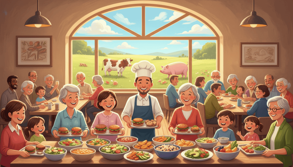 People of all ages happily choosing colorful plant-based meals in a sunny community cafeteria, with a cow and pig grazing outside the window
