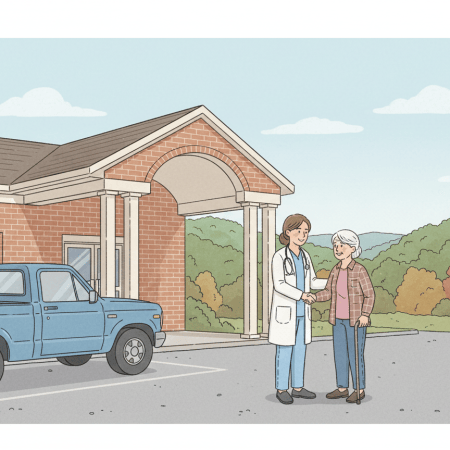 Illustration of a welcoming small-town clinic in the Ozark hills with a nurse greeting a patient