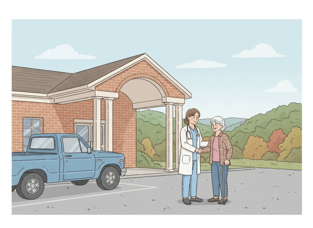 Illustration of a welcoming small-town clinic in the Ozark hills