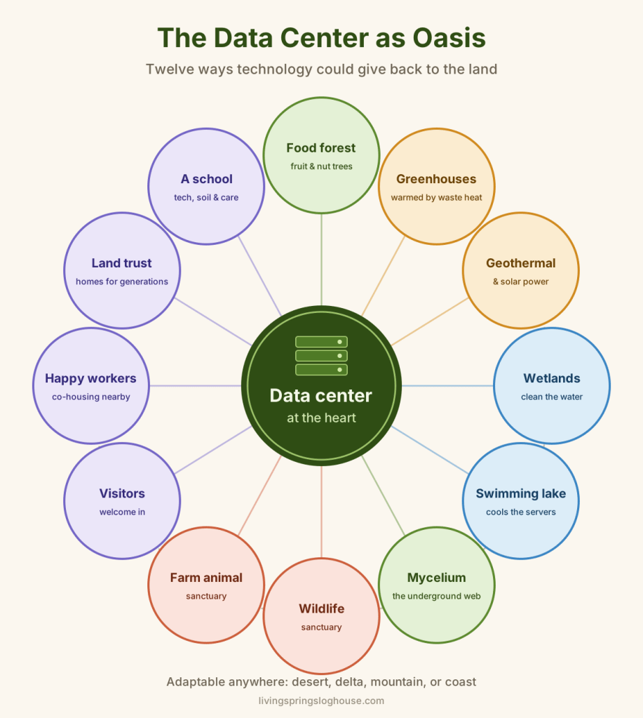 A data center in the middle surrounded by twelve colored circles: food forest, greenhouses, geothermal and solar power, wetlands, swimming lake, mycelium, wildlife sanctuary, farm animal sanctuary, visitors, happy workers, land trust, and a school.