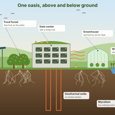 Illustrated cross-section: solar shade over picnic tables, fruit trees, a data center with a living roof sending warmth to a greenhouse, a wetland and lake with a heron, geothermal wells and a mycelium network underground.