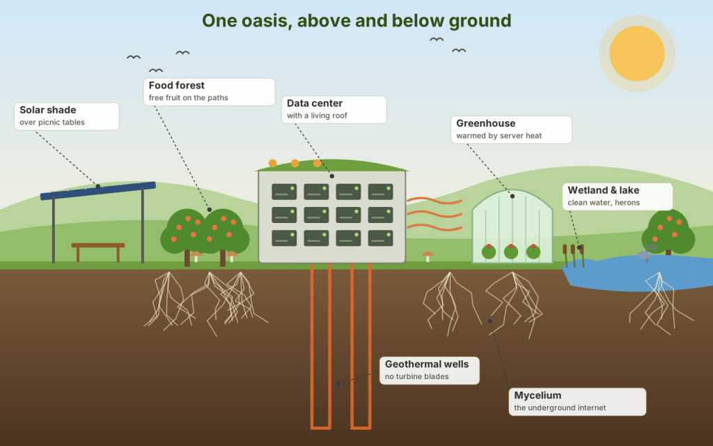 Illustrated cross-section: solar shade over picnic tables, fruit trees, a data center with a living roof sending warmth to a greenhouse, a wetland and lake with a heron, geothermal wells and a mycelium network underground.
