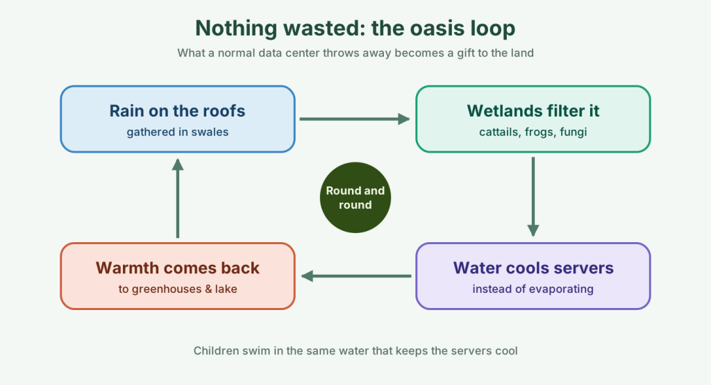 A loop of four steps: rain on the roofs, wetlands filter it, water cools the servers, warmth comes back to greenhouses and the lake.