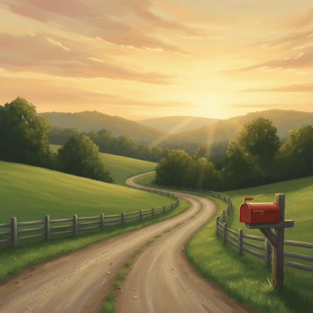 Illustration of a gravel county road through Ozark hills at sunrise with a split-rail fence and red mailbox.